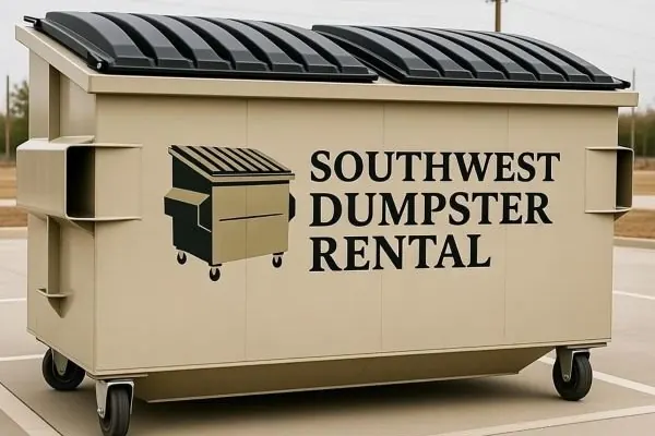 Tan front-load dumpster with two black lids standing in a parking lot